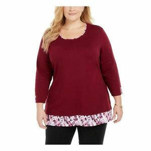 Karen Scott Women's Merlot Plaid Hem Layered Look 3/4 Sleeve Top Plus Size 0X